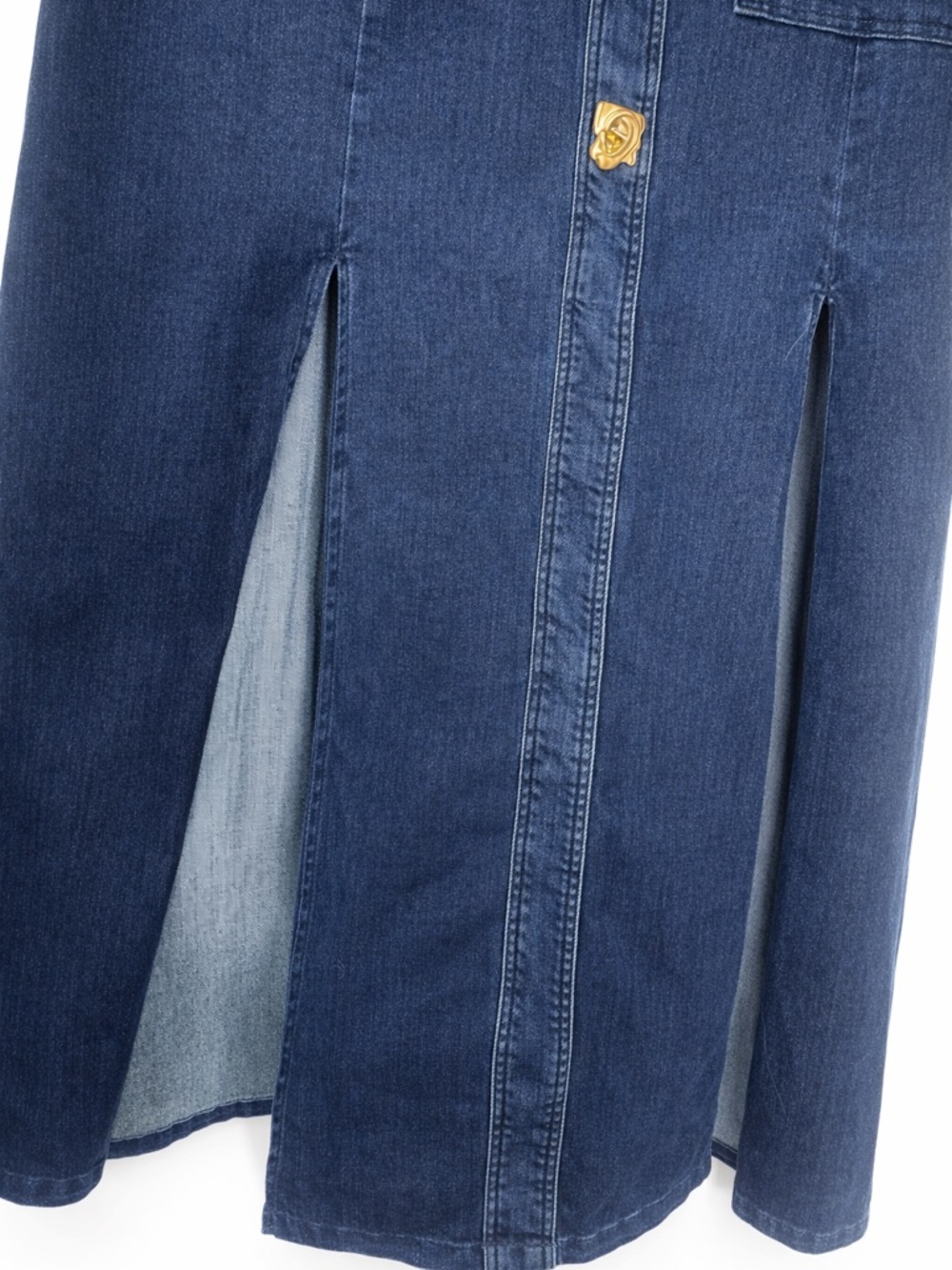 Indigo Denim Maxi Dress w/ Gold Buttons | Tailored Fit | Chic Luxe - Picture 5 of 16